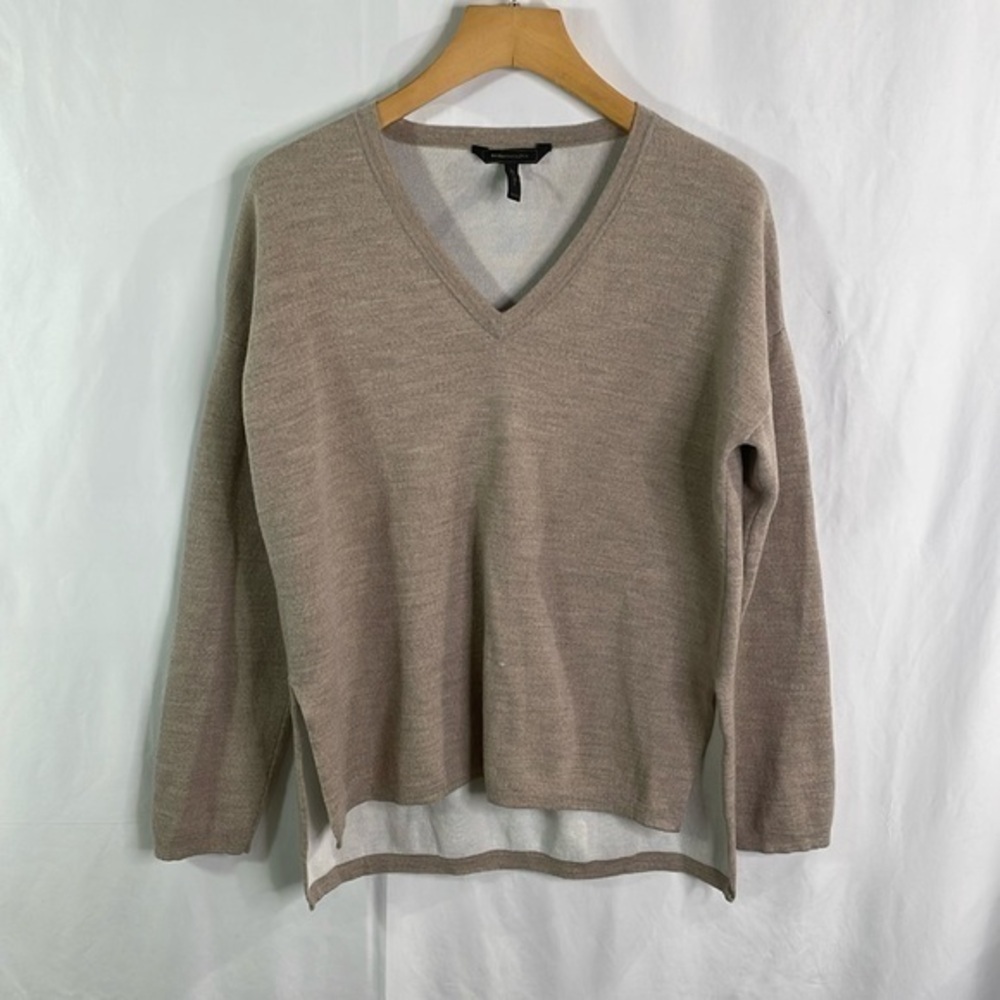 BCBG Mazazria tan V-neck, double faced wool and cotton sweater: